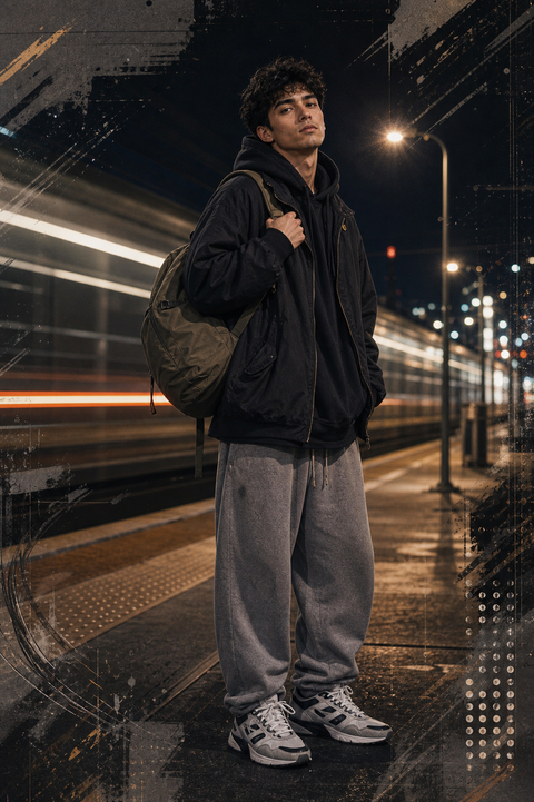 夜晚站台潮男混合媒介肖像