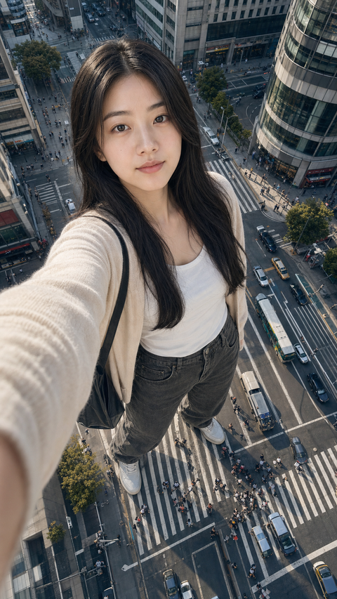 超写实强迫透视东亚女巨人城市路口自拍
