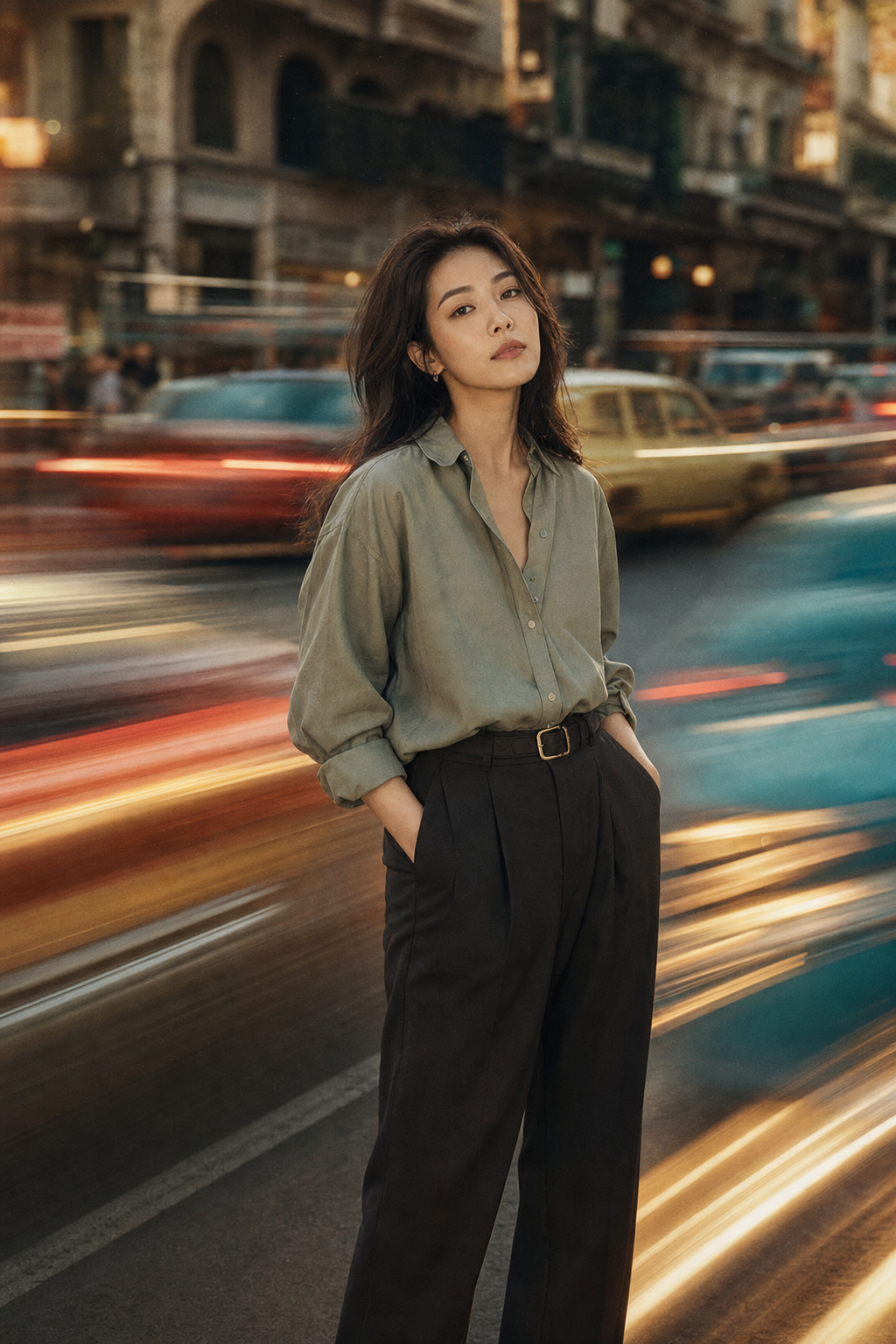 复古车旁亚洲女性时尚肖像
